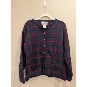 VINTAGE 1980s women's long sleeve tartan plaid knit cardigan w/gold buttons, L